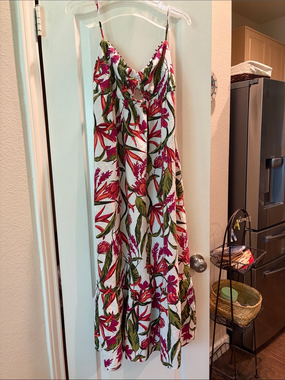 a new day White Maxi Dress with Pink Floral & Green Leaf Print